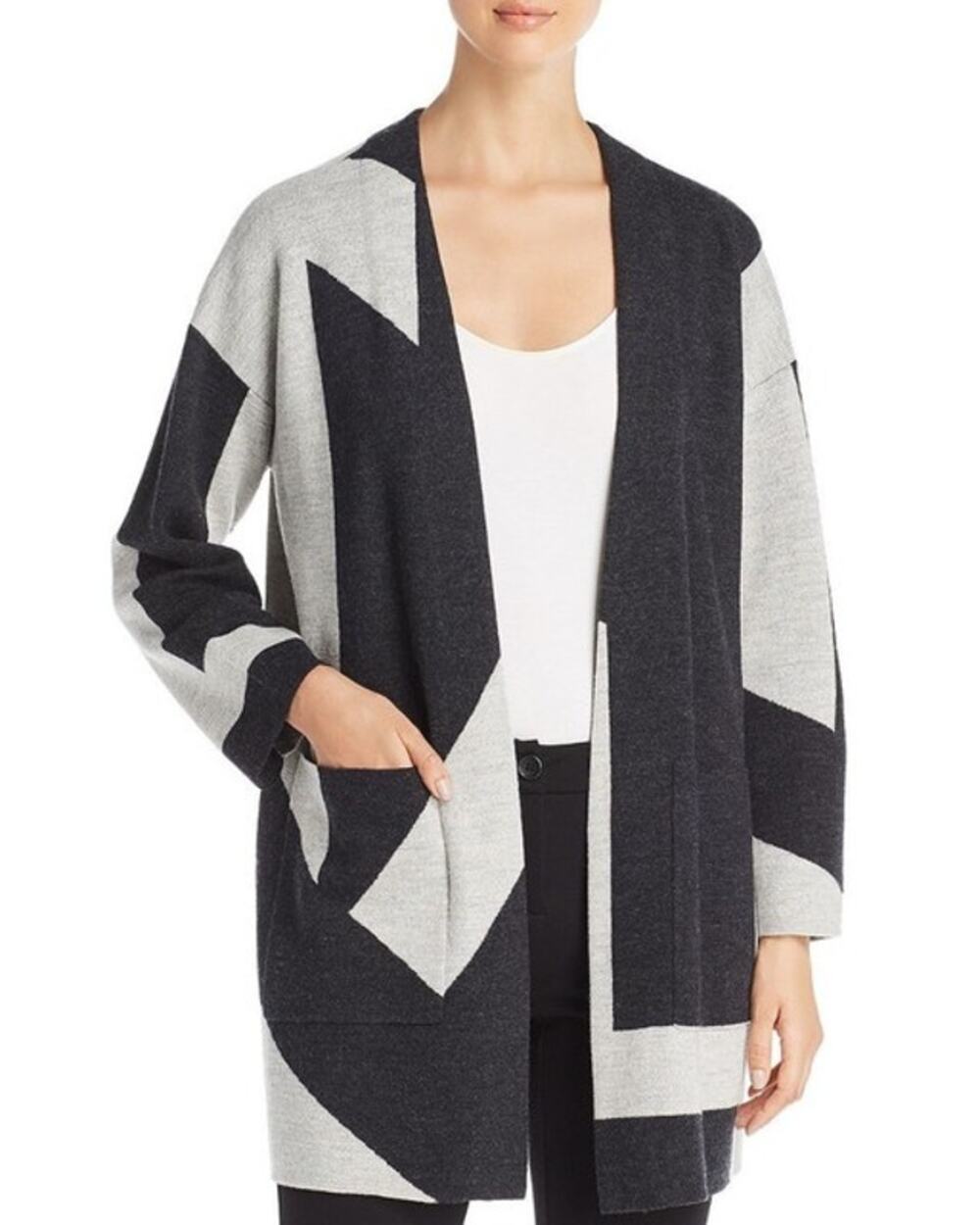 Eileen Fisher Colorblock Wool Cardigan Sweater Women's Petite Size M Gray